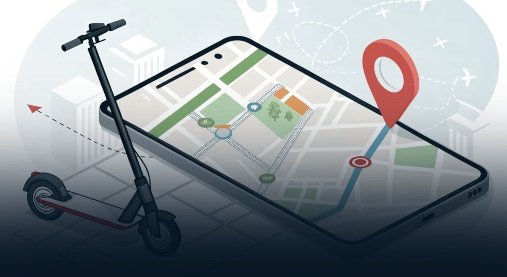 Illustration of an electric scooter beside a mobile phone showing a map location pin